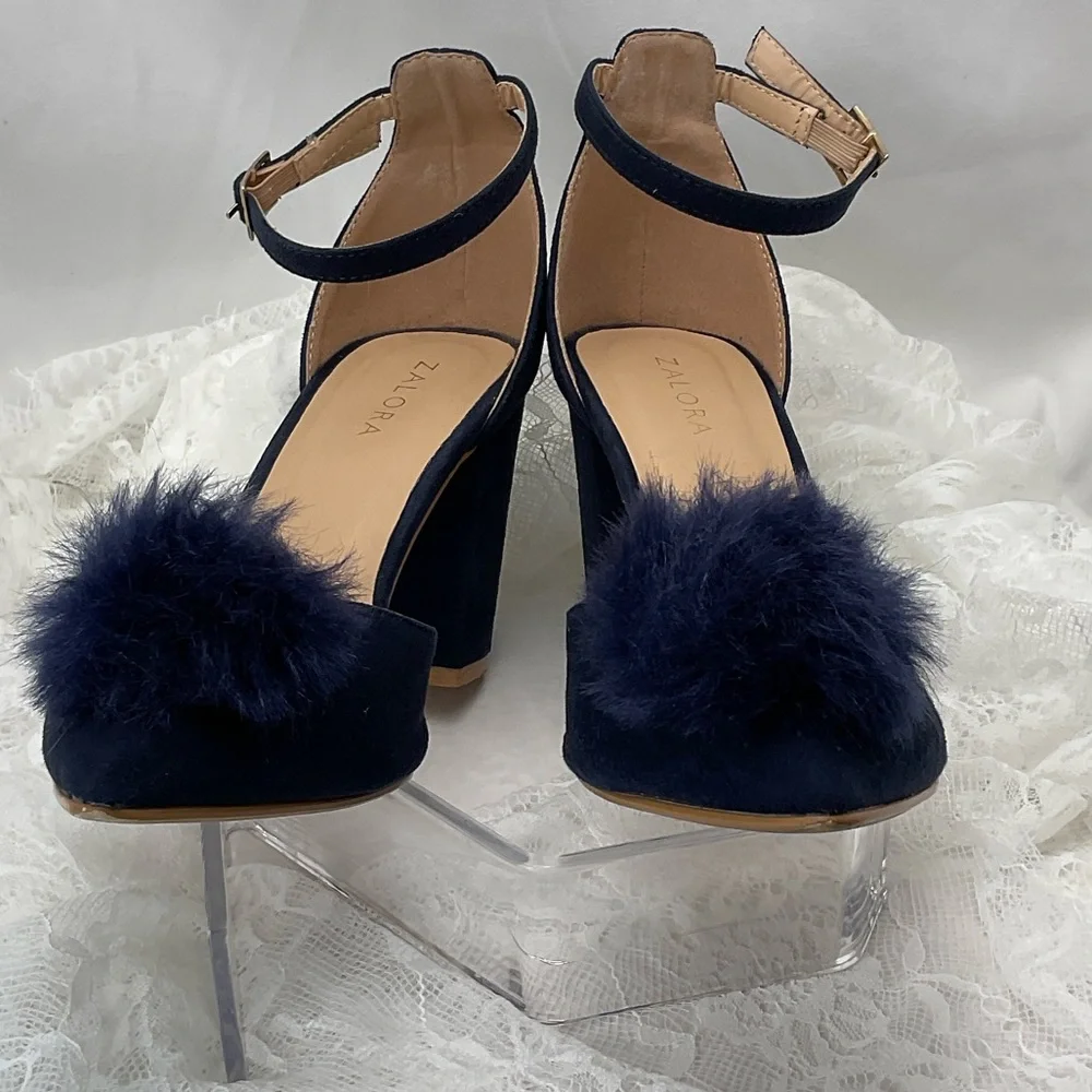 Zalore Women’s Sz6.5 Navy Blue Pointed-Toe Featuring Pom-Poms Women's Heels 0205